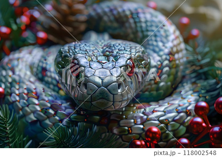 Snake on Christmas branches, symbol of the year 2025, 2037, 2049, 2061	 118002548