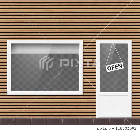 Shop facade with showcase and wooden slats banner Shop facade with showcase and wooden slats banner 118002602