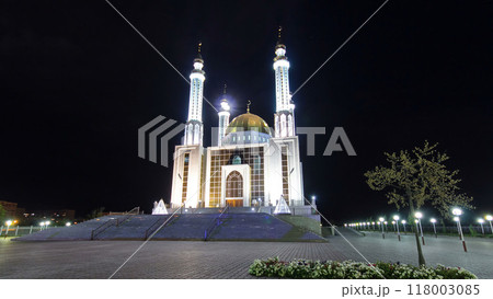 Mosque Nur Gasyr in the city of Aktobe night timelapse hyperlapse. Kazakhstan Mosque Nur Gasyr in the city of Aktobe night timelapse hyperlapse. Kazakhstan 118003085