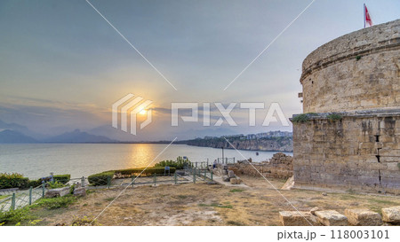 Hidirlik tower in Kas town in Turkey timelapse with view of harbor marine bay is a old city Hidirlik tower in Kas town in Turkey timelapse with view of harbor marine bay is a old city 118003101