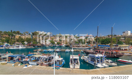 Yacht harbor and houses in Old town timelapse hyperlapse Antalya, Turkey. 118003107