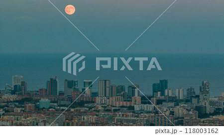 View of Barcelona skyline timelapse, the Mediterranean sea and buildings from Bunkers Carmel. Catalonia, Spain. 118003162