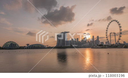 Sunset over the downtown skyline of Singapore as viewed from across the water from The Garden East timelapse. Singapore. Sunset over the downtown skyline of Singapore as viewed from across the water from The Garden East timelapse. Singapore. 118003196