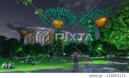 Futuristic view of amazing illumination at Garden by the Bay night timelapse hyperlapse in Singapore. 118003211