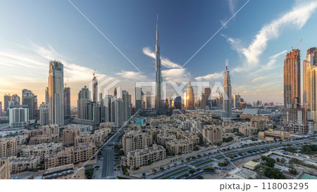 Dubai Downtown skyline day to night timelapse with Burj Khalifa and other towers panoramic view from the top in Dubai Dubai Downtown skyline day to night timelapse with Burj Khalifa and other towers panoramic view from the top in Dubai 118003295