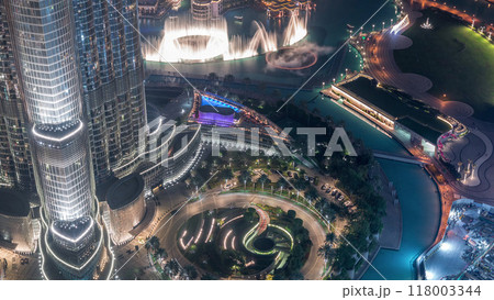Unique view of Dubai Dancing Fountain show at night timelapse. 118003344