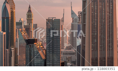 Dubai International Financial Centre district with modern skyscrapers morning timelapse 118003351