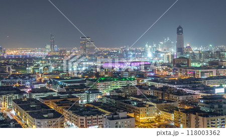 Aerial view of neighborhood Deira with typical buildings night timelapse, Dubai, United Arab Emirates Aerial view of neighborhood Deira with typical buildings night timelapse, Dubai, United Arab Emirates 118003362