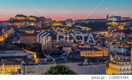 Lisbon aerial cityscape skyline night to day timelapse from viewpoint of St. Peter of Alcantara, Portugal 118003364