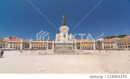 Commerce Square in Lisbon timelapse hyperlapse, Portugal. Statue of of King Jose I in foreground 118003370