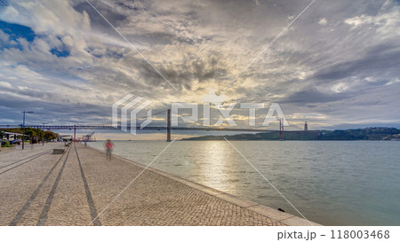 Lisbon city sunrise with April 25 bridge timelapse 118003468