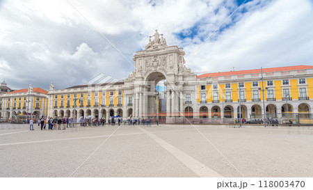 Triumphal arch at Rua Augusta at Commerce square timelapse hyperlapse in Lisbon, Portugal. Triumphal arch at Rua Augusta at Commerce square timelapse hyperlapse in Lisbon, Portugal. 118003470