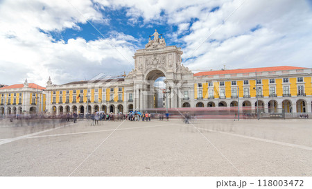 Triumphal arch at Rua Augusta at Commerce square timelapse hyperlapse in Lisbon, Portugal. 118003472