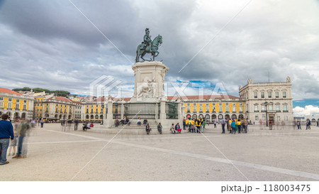 Bronze statue of King Jose I and triumphal arch at Rua Augusta at Commerce square timelapse hyperlapse in Lisbon, Portugal. 118003475