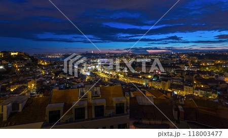 Lisbon after sunset aerial panorama view of city centre with red roofs at Autumn day to night timelapse, Portugal 118003477