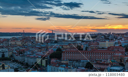 Lisbon at sunset aerial panorama view of city centre with red roofs at Autumn evening timelapse, Portugal Lisbon at sunset aerial panorama view of city centre with red roofs at Autumn evening timelapse, Portugal 118003480
