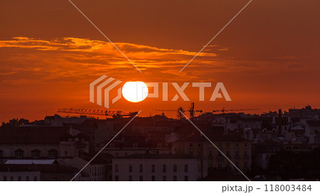 Lisbon at sunset aerial skyline of city centre with red roofs at Autumn evening timelapse, Portugal 118003484
