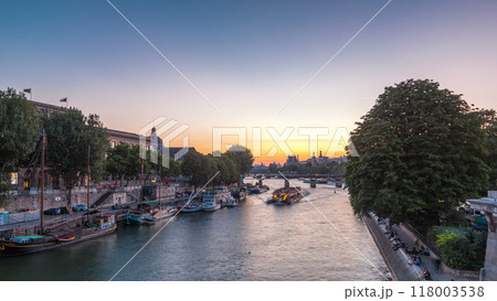 View to Pont des Arts in Paris after sunset day to night timelapse, France 118003538
