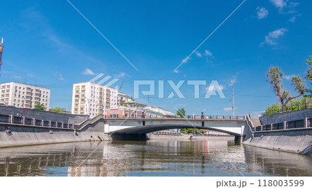 Boats floats on the Moskva River past the Moscow Kremlin and other famous places timelapse hyperlapse, Russia 118003599