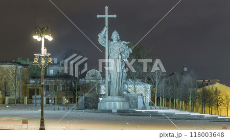 Monument to Prince Vladimir the Great timelapse hyperlapse on Borovitskaya Square in Moscow near the Kremlin. Monument to Prince Vladimir the Great timelapse hyperlapse on Borovitskaya Square in Moscow near the Kremlin. 118003648