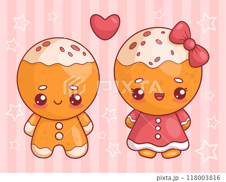 Cute Christmas romantic gingerbread man and girl in red dress with heart. Isolated traditional holiday sweet kawaii cartoon characters on pink background. Vector illustration Cute Christmas romantic gingerbread man and girl in red dress with heart. Isolated traditional holiday sweet kawaii cartoon characters on pink background. Vector illustration 118003816