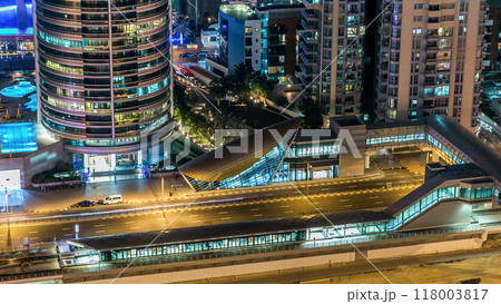 Aerial top view at night timelapse of Dubai Marina in Dubai, UAE 118003817