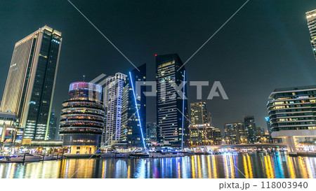 Dubai Marina towers and canal in Dubai night timelapse 118003940