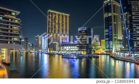 Dubai Marina towers and canal in Dubai night timelapse hyperlapse Dubai Marina towers and canal in Dubai night timelapse hyperlapse 118003941