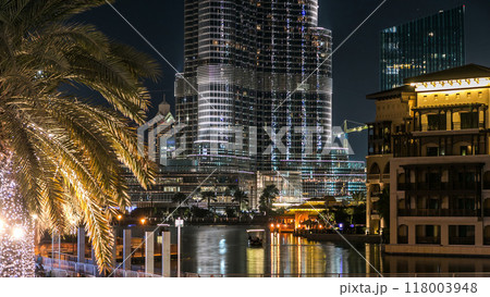 Burj Khalifa and Dubai Fountain at night timelapse Burj Khalifa and Dubai Fountain at night timelapse 118003948