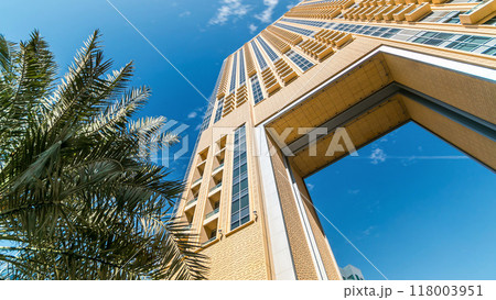 Luxurious Residence and Business Buildings with arch timelapse in Dubai Marina, UAE 118003951