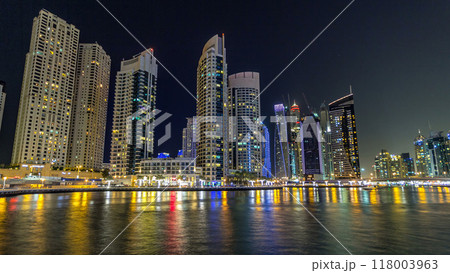 Dubai Marina towers and canal in Dubai night timelapse hyperlapse Dubai Marina towers and canal in Dubai night timelapse hyperlapse 118003963