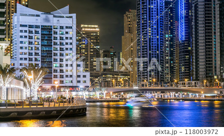 Dubai Marina towers and canal in Dubai night timelapse Dubai Marina towers and canal in Dubai night timelapse 118003972