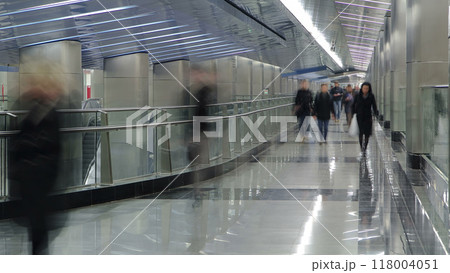 Interior of a modern subway station with transfer corridor timelapse. Interior of a modern subway station with transfer corridor timelapse. 118004051
