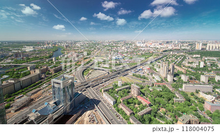 Panoramic aerial view of the buildings from the rooftop of Moscow International Business Center skyscraper timelapse, Russia 118004075