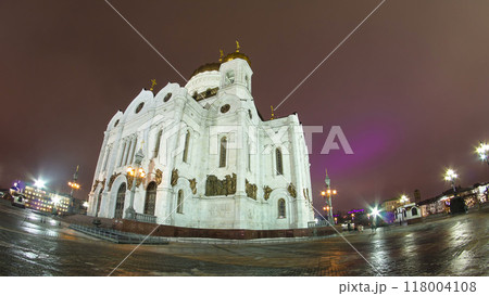 Majestic orthodox Cathedral of Christ Saviour illuminated at dusk on bank of Moscow river. Timelapse hyperlapse, Russia Majestic orthodox Cathedral of Christ Saviour illuminated at dusk on bank of Moscow river. Timelapse hyperlapse, Russia 118004108