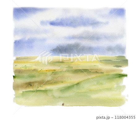 Scenery landscape, cloudy blue sky, green meadow field moorland pasture prairie grass land, hand drawn in watercolor. Illustration for tourism, resort ads, hiking camping sites vacation, nature maps. 118004355