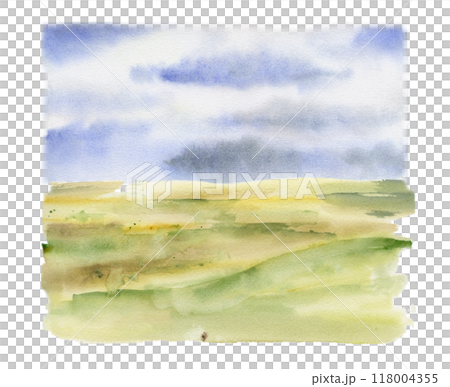 Scenery landscape, cloudy blue sky, green meadow field moorland pasture prairie grass land, hand drawn in watercolor. Illustration for tourism, resort ads, hiking camping sites vacation, nature maps. 118004355