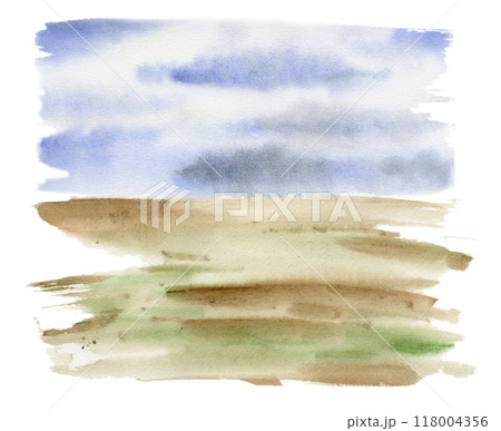Landscape scenery, cloudy blue sky, green meadow field moorland pasture prairie grass land, hand drawn in watercolor. Illustration for tourism, resort ads, hiking camping sites vacation, nature maps. 118004356