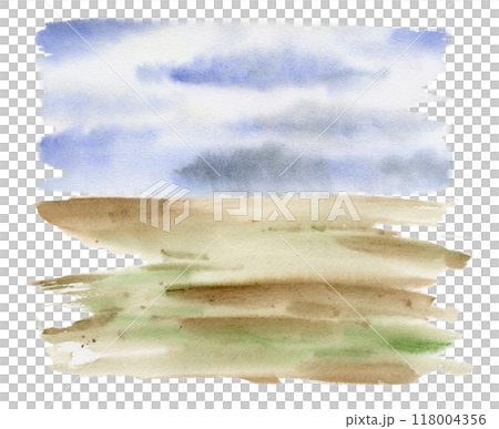 Landscape scenery, cloudy blue sky, green meadow field moorland pasture prairie grass land, hand drawn in watercolor. Illustration for tourism, resort ads, hiking camping sites vacation, nature maps. 118004356