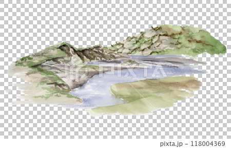 Scenery landscape, mountain cliffs crags rocks, green grass meadow field with river stream, hand drawn in watercolor. Illustration for resort ads, tourism, hiking camping sites vacation, nature maps. Scenery landscape, mountain cliffs crags rocks, green grass meadow field with river stream, hand drawn in watercolor. Illustration for resort ads, tourism, hiking camping sites vacation, nature maps. 118004369