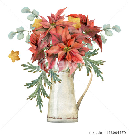 Red poinsettia flowers, gold star baubles, juniper eucalyptus. Watercolor hand drawn illustration, vase bouquet isolated on white. Xmas, happy new year festive noel navidad holiday. Florist, wedding. 118004370