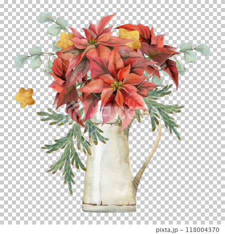 Red poinsettia flowers, gold star baubles, juniper eucalyptus. Watercolor hand drawn illustration, vase bouquet isolated on white. Xmas, happy new year festive noel navidad holiday. Florist, wedding. 118004370