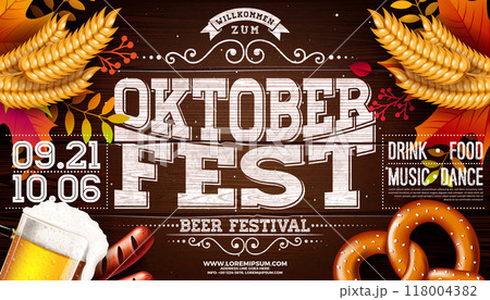 Oktoberfest Party Banner Illustration with Blue and White Bavaria Party Flag and Fresh Lager Beer in Typography Letter on Vintage Wooden Background. Vector Celebration Flyer Template for Traditional 118004382