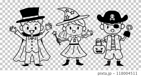 穿著萬聖節服裝的兒童的線條畫插圖 118004511