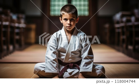 Japanese boy in traditional white kimono practicing sambo, jiu jitsu, karate martial arts technique in outdoor setting 118004744