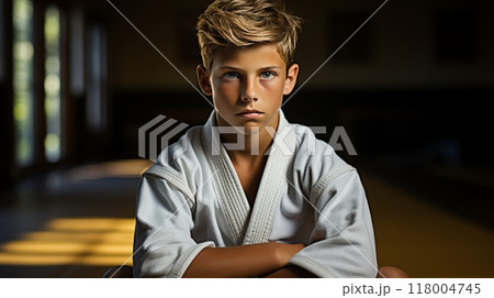 Young boy in traditional white kimono practicing sambo, jiu jitsu, karate martial arts on the dojo mat 118004745