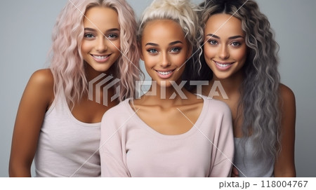 Group of girls taking selfie on blurred background with copy space for text overlay 118004767
