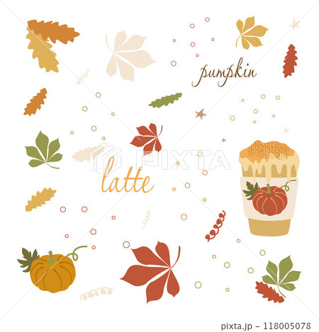 Set of pumpkin spice seasonal flavored products, coffee, latte. Autumn drink isolated on white background. Collection of Vector Elements and Botany Illustration for Design Art, Invitation, Card, Decor 118005078