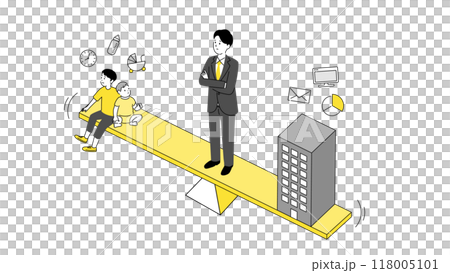 家庭と仕事の両立イメージのイラスト、天秤に立つ若いお父さん、ベクター 118005101
