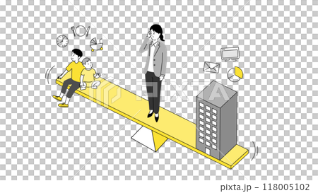 平衡育兒和工作的形象的插圖，一位年輕的母親站在天平上，向量圖 118005102